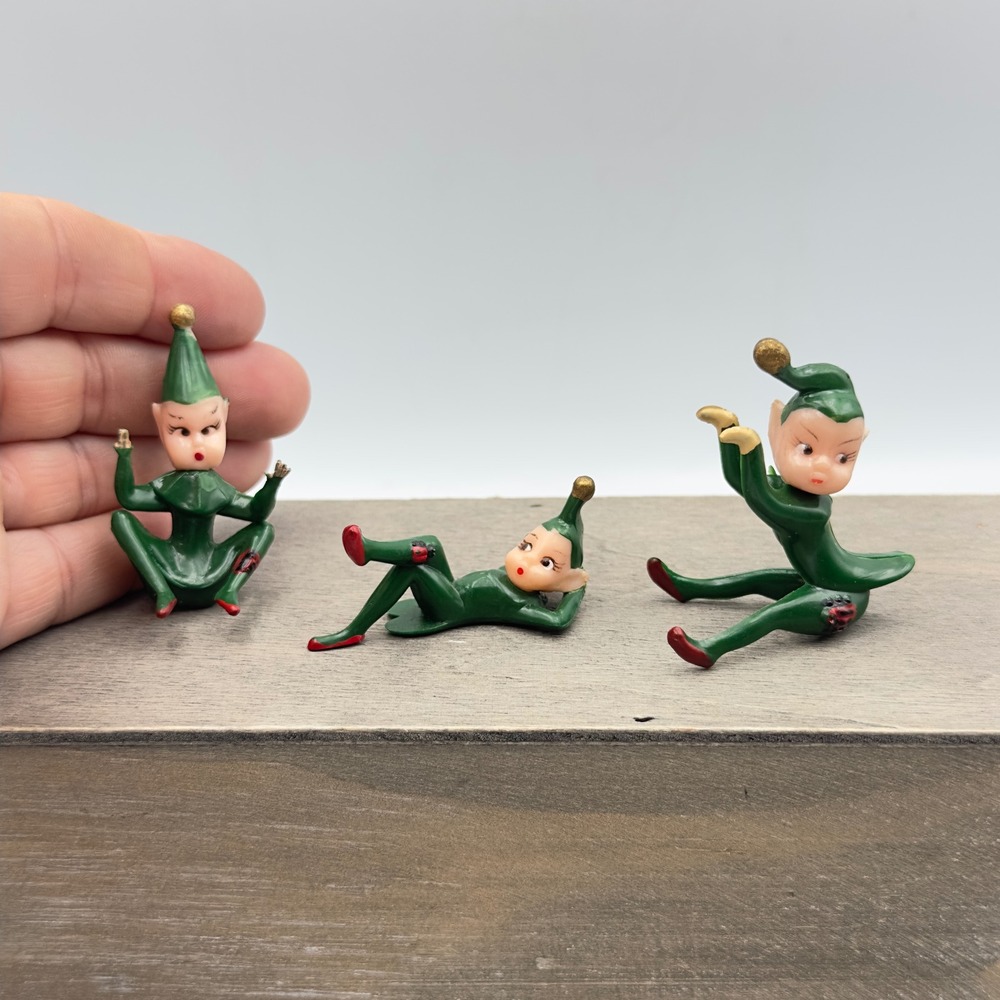 Vintage Miniature Elf Figurines Green Red Gold Pixie Trio 1950s 2in Retro Kitsch